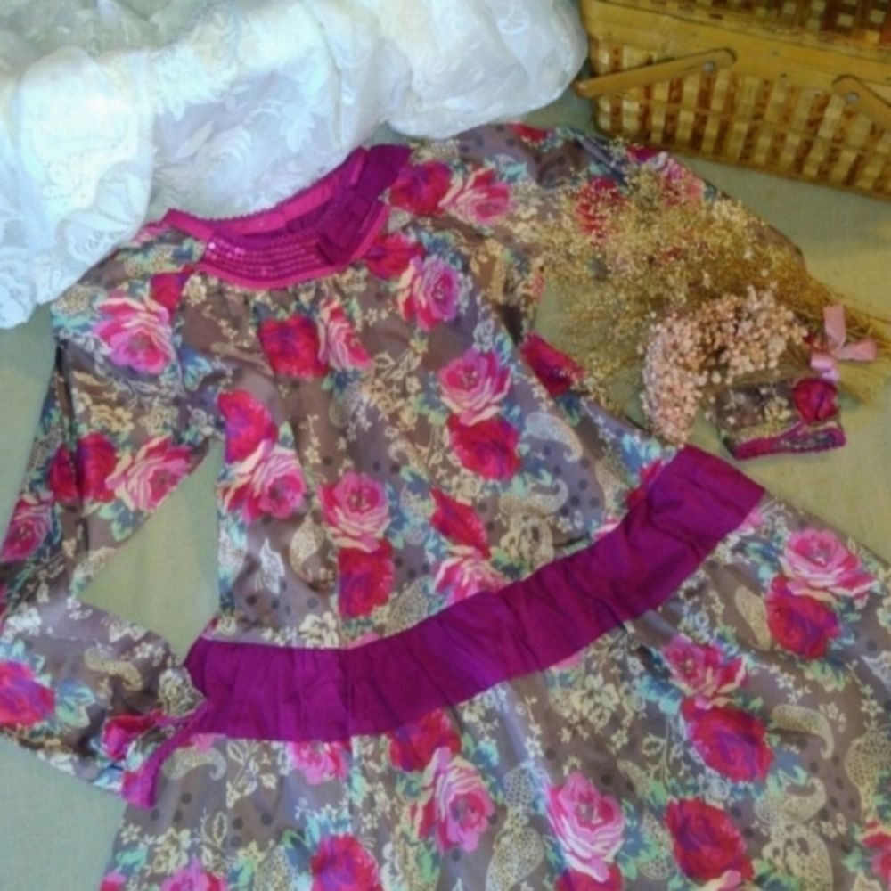 Monsoon Floral Kids Dress - Pink and Brown